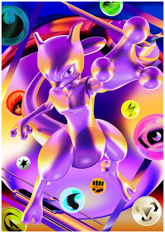Artwork oficial de Mew y Mewtwo en Futuristic Rare — Pokémon TCG 30th Celebration
